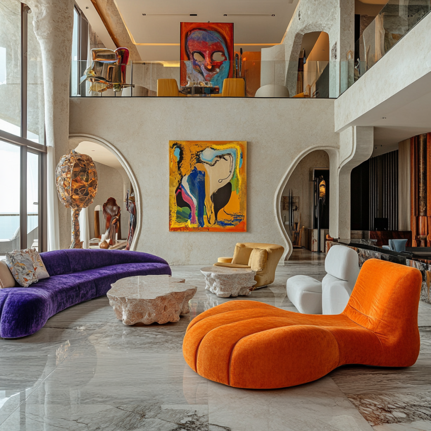 Artistic style villa living room with bold furniture, colorful artwork, and modern design elements, creating a vibrant and personalized living space.