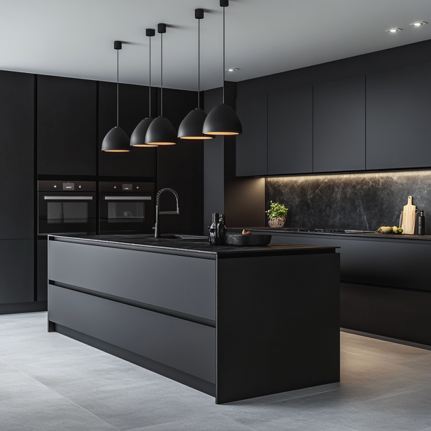 Contemporary kitchen with matte black cabinets, a central island, and pendant lighting that adds sophistication and warmth to the space.
