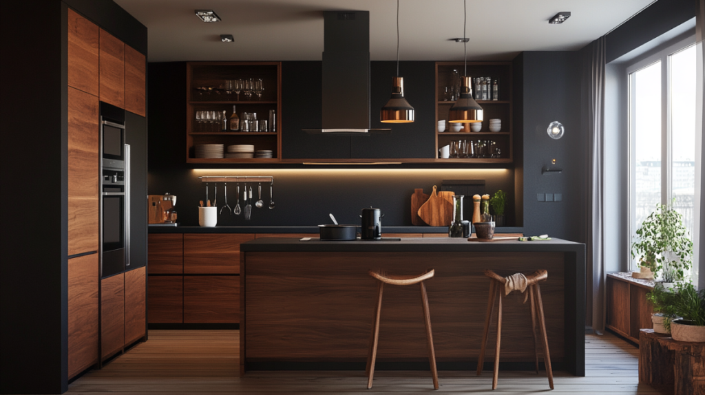 Sleek black and brown kitchen cabinets with open shelves and minimalist pendant lighting