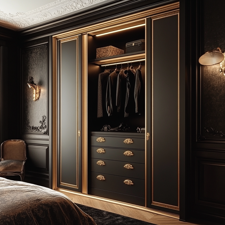 Black wardrobe with gold trim and ornate drawer pulls in a luxury bedroom.