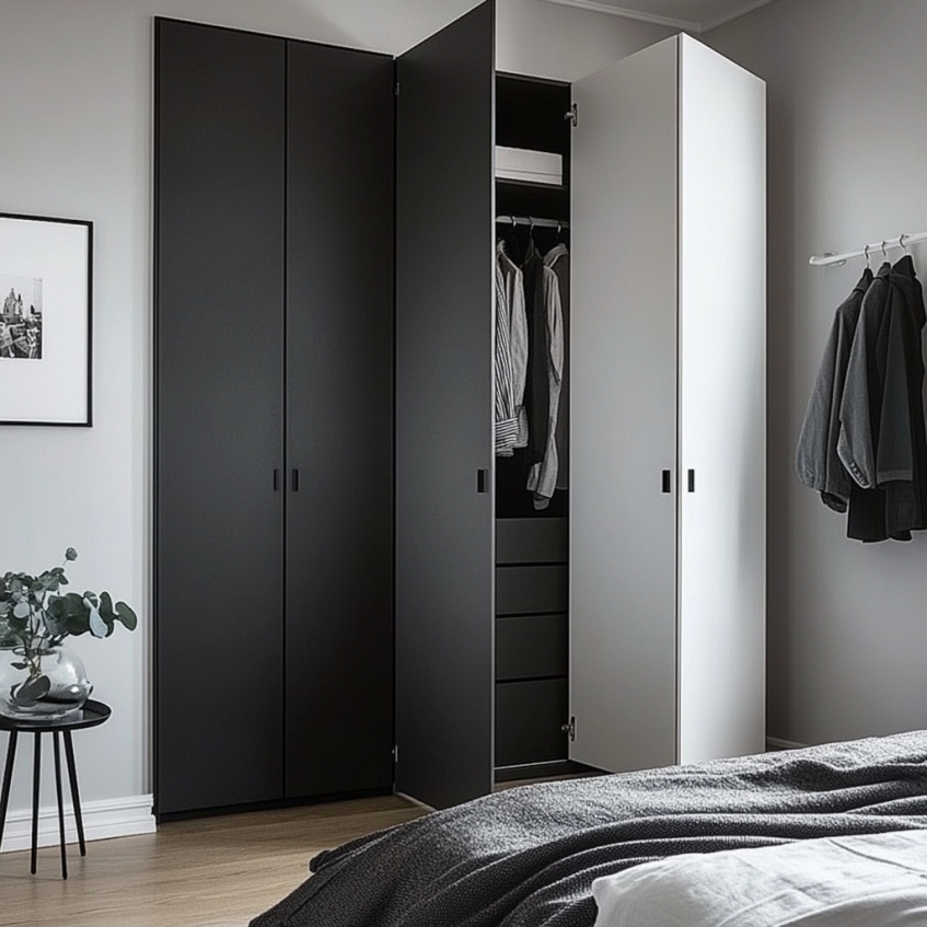 Sleek black and white wardrobe with minimalist design in a modern bedroom.