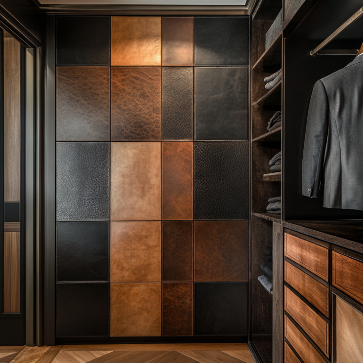 Closet panel wall with a mix of leather, linen, and wood finishes