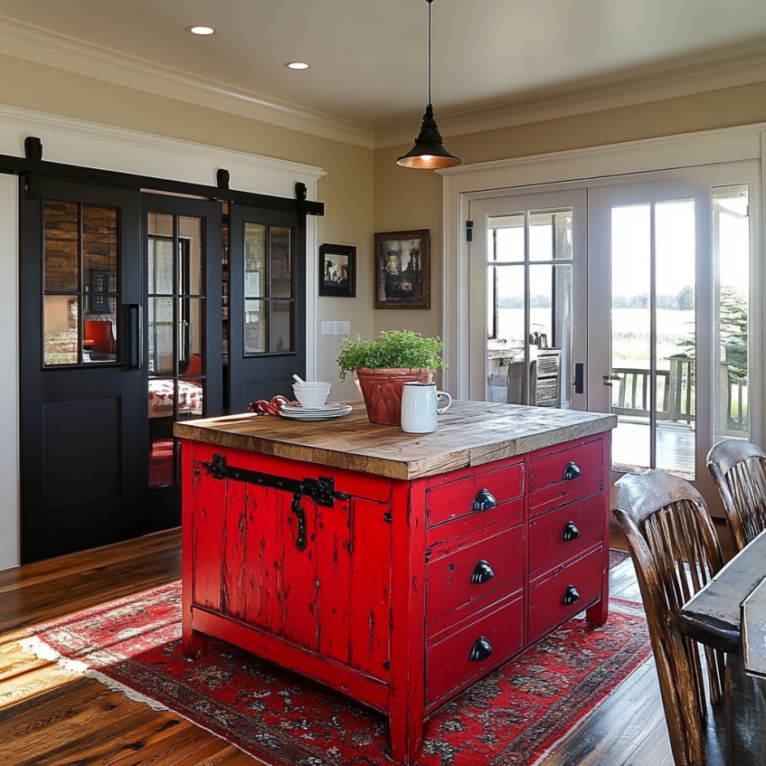 Farmhouse kitchen island in distressed red finish with wood countertop