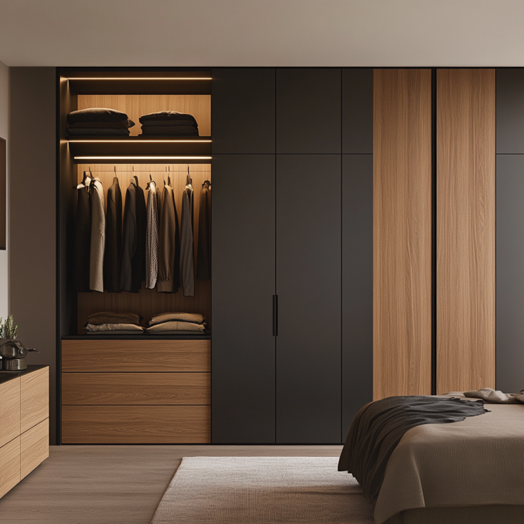 Modern matte black and wood panel closet with open shelves and warm lighting