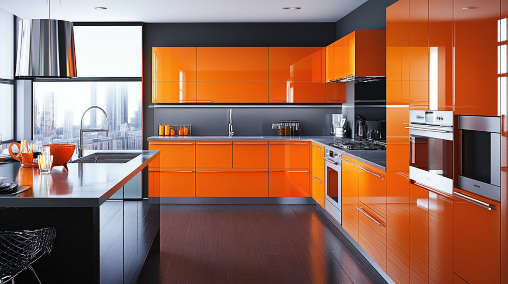 Modern kitchen with glossy orange cabinets, dark gray backsplash, and stainless steel appliances overlooking a city view.