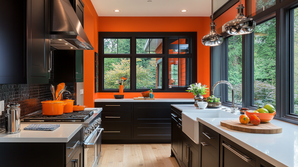 Contemporary kitchen with bold orange walls, black cabinets, and large windows.