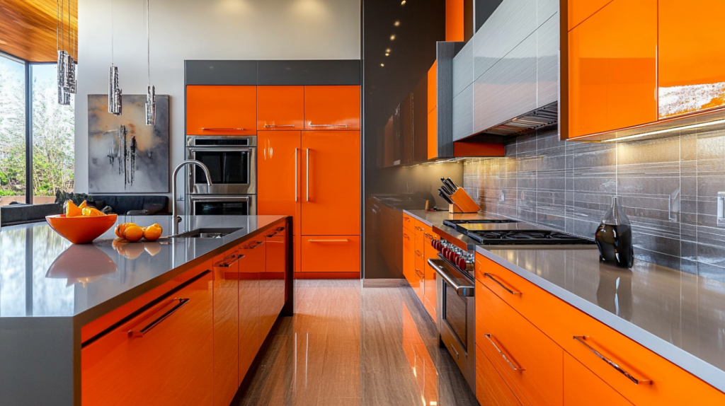 Contemporary kitchen with glossy orange cabinets, gray backsplash, and quartz countertops.