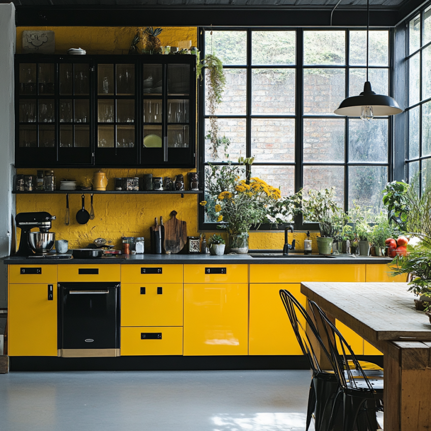 Bold yellow kitchen cabinets with black hardware create a striking contrast for modern kitchen design.