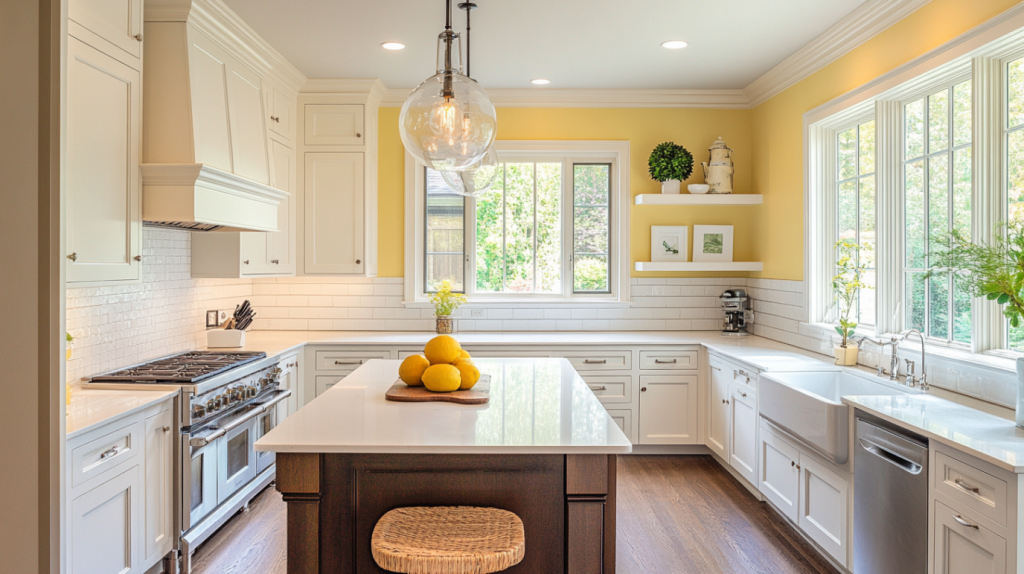 Bright lemon yellow kitchen cabinets paired with white countertops create a vibrant and modern kitchen atmosphere.