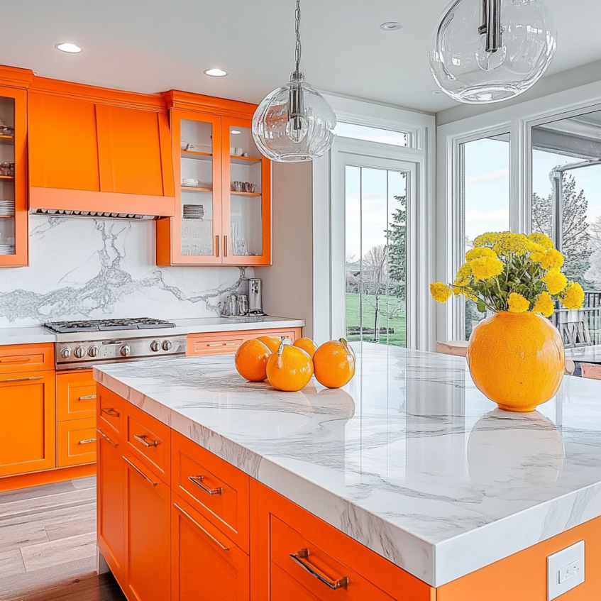 Bright orange kitchen with marble countertops, large windows, and decorative accents.