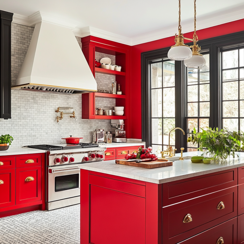 Bold red kitchen with white range hood, gold hardware, and large windows