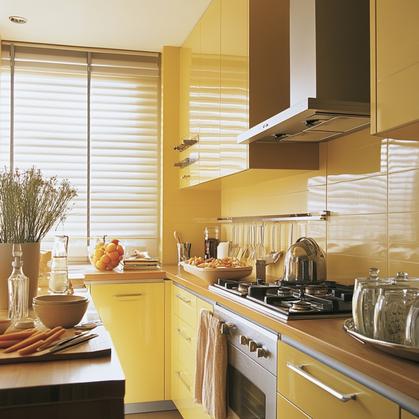 Bright yellow kitchen cabinets in a small kitchen, maximizing light and space with vibrant color.