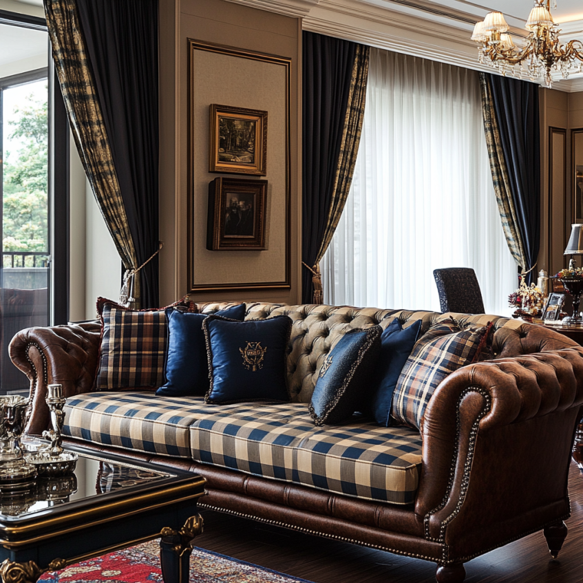 Classic British style villa living room with traditional leather furniture, plaid cushions, and elegant décor, offering a timeless and refined atmosphere.