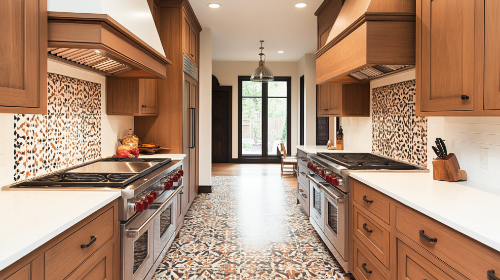 Kitchen with brown cabinets and terrazzo-patterned tile backsplash