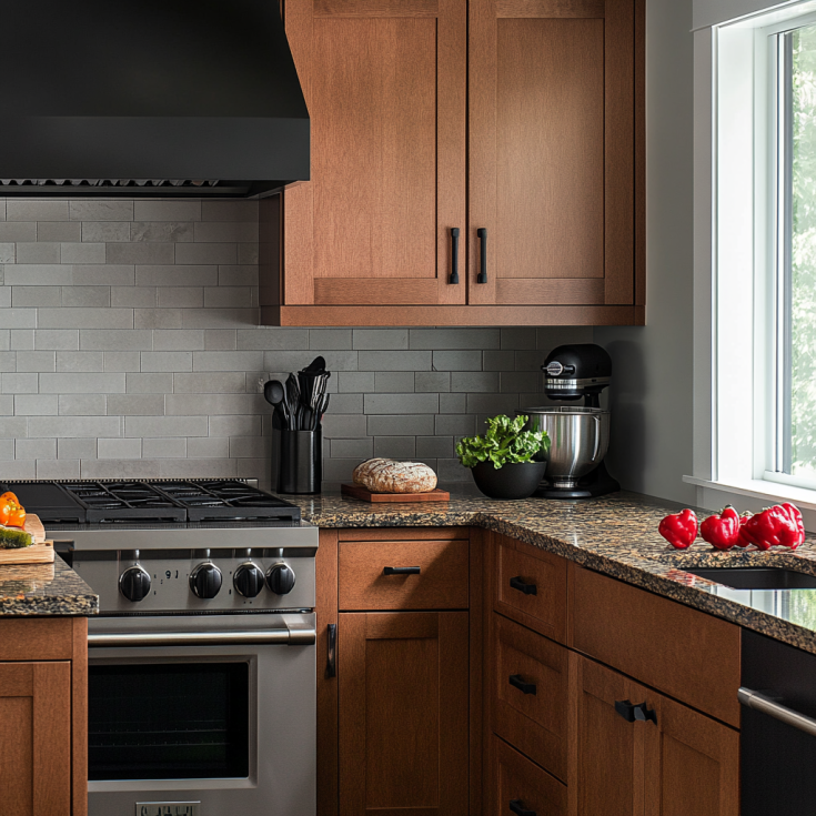 Modern brown shaker cabinets with matte black pulls and granite countertop