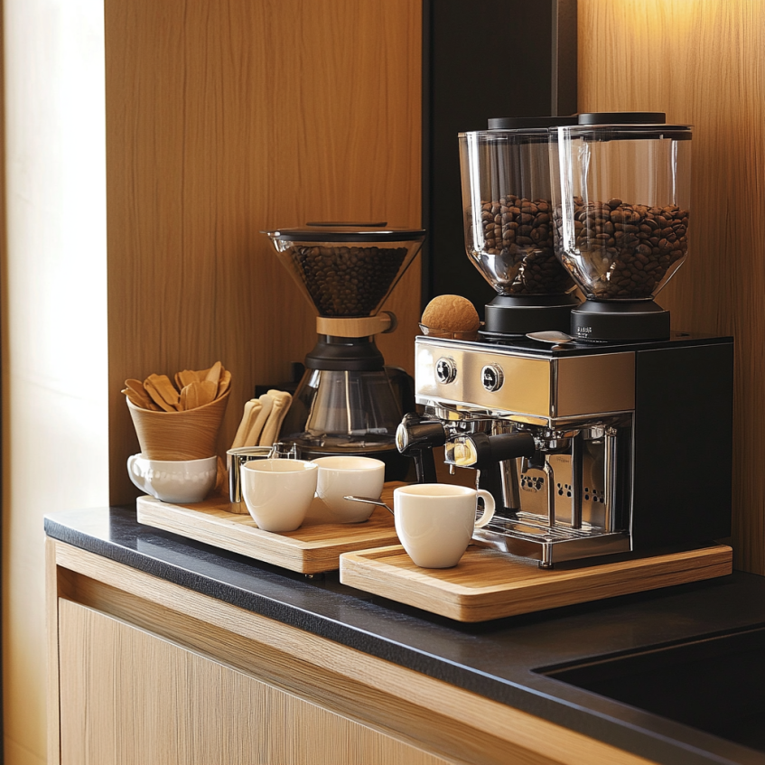 modern home coffee bar with espresso machine dual hopper grinder and white cups