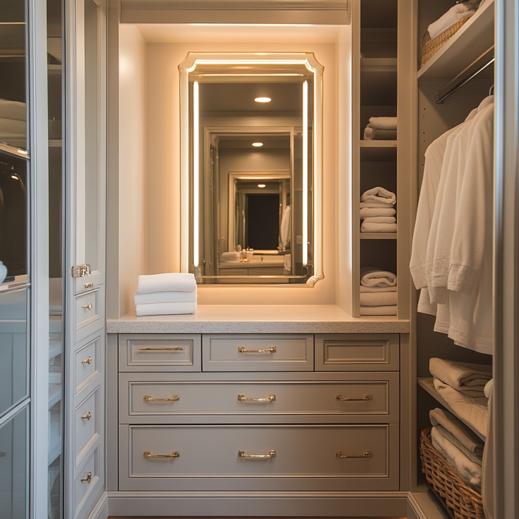 Modern built-in vanity section inside a luxury bedroom closet with LED mirror