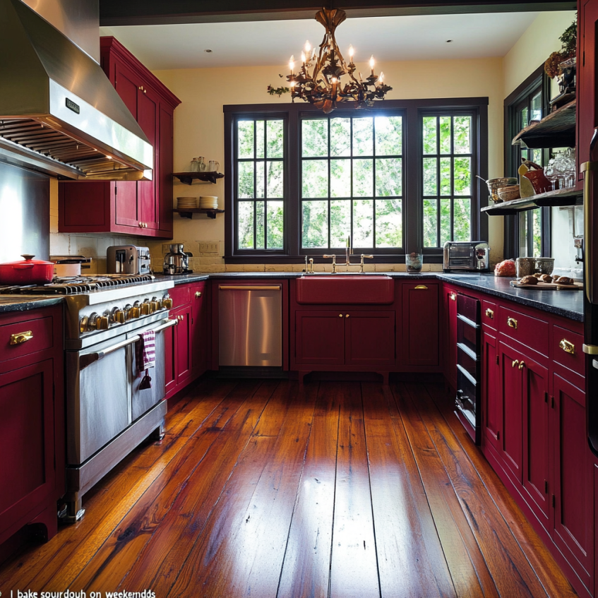Burgundy Kitchen Cabinets with Warm Wood Floors