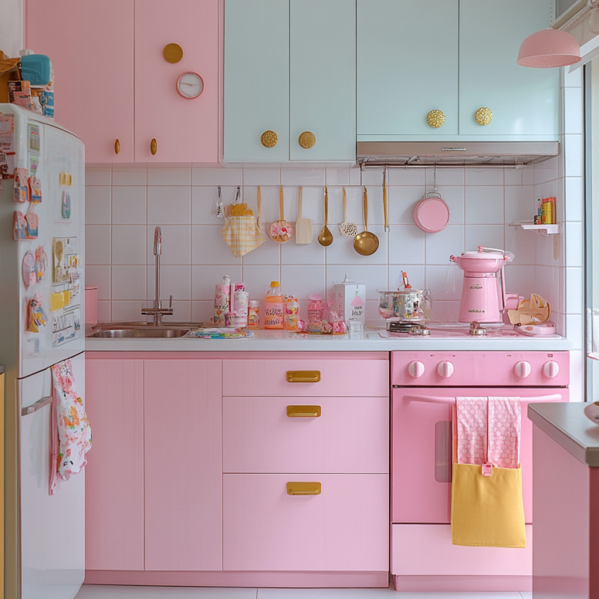 Playful pink kitchen cabinets with pastel blue uppers and pink oven