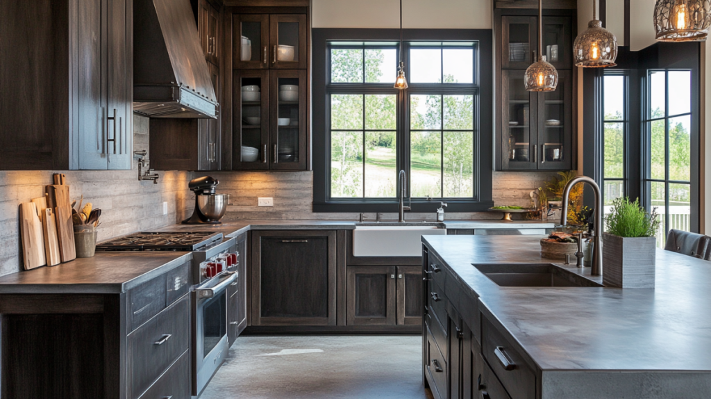 Dark brown kitchen cabinets with industrial concrete countertops and a farmhouse sink