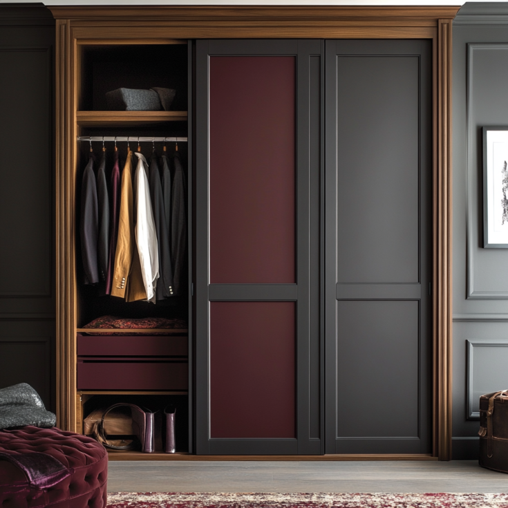 Charcoal gray wardrobe with burgundy panels and wooden trim in a classic bedroom.