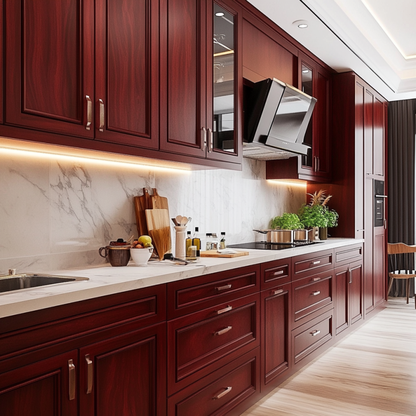 Chic cherry wood kitchen cabinets with elegant marble countertops and under-cabinet lighting in a modern kitchen design.