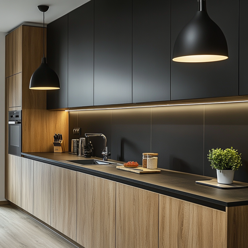 Stylish two-tone kitchen design featuring black upper cabinets and wood lower cabinets, with modern lighting and clean lines.