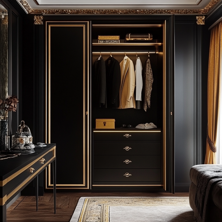 Elegant black wardrobe with gold borders and interior LED lighting in a high-end bedroom.