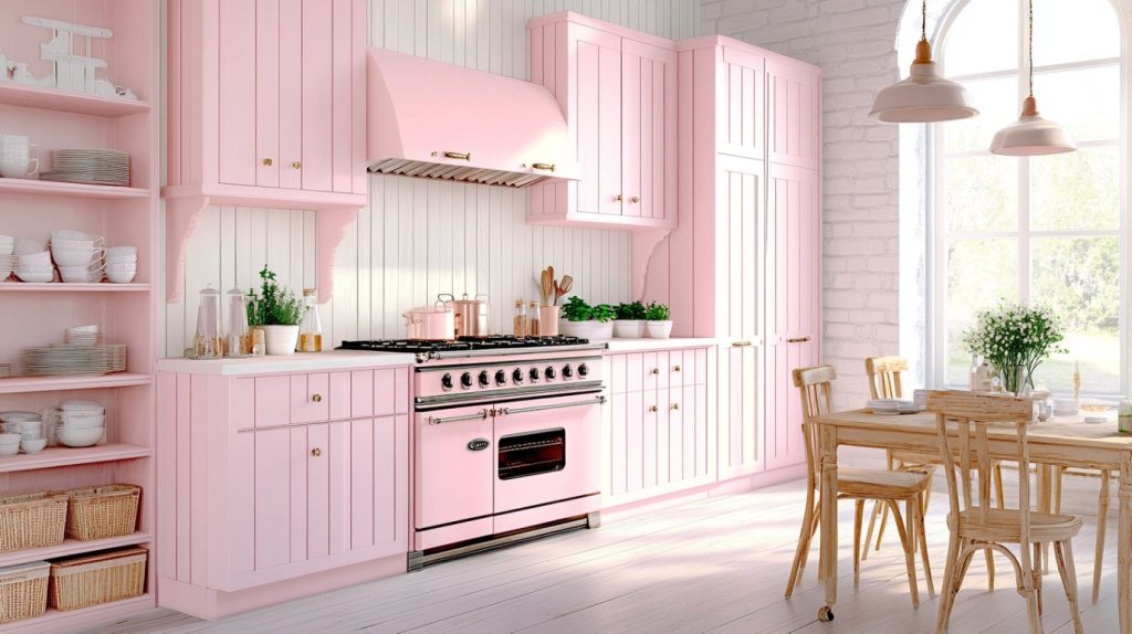 Blush pink kitchen with paneled cabinets and wood dining table