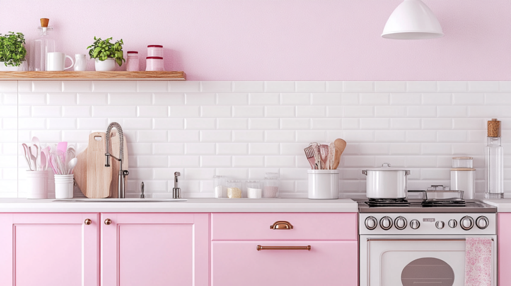 Blush pink kitchen with white subway tile backsplash and wood shelving