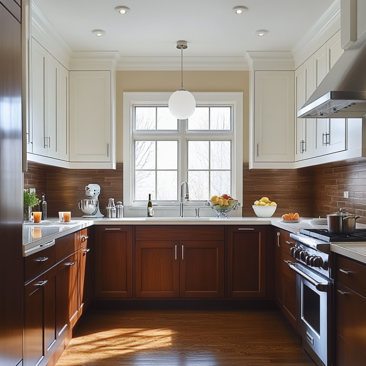 Traditional two-tone kitchen with white upper and deep reddish-brown lower cabinets