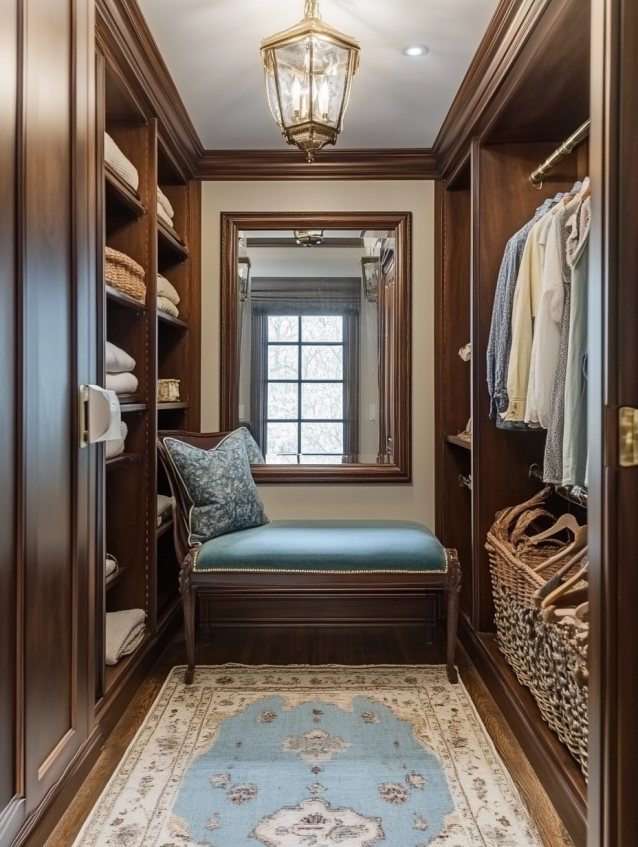 A classic walk-in closet with elegant lighting, wood shelving, a cozy seating area, and a full-length mirror.