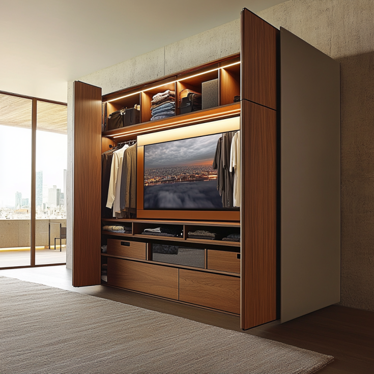 Closet with built-in TV wall, overhead lighting, and clothing storage