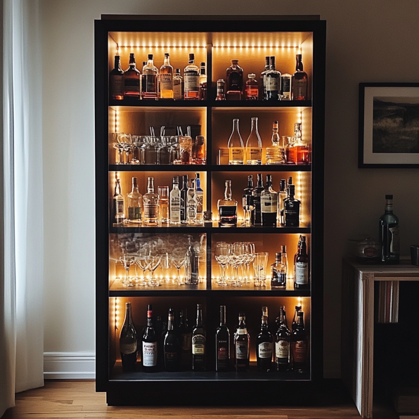 modern home bar cabinet with liquor bottles and led shelf lighting