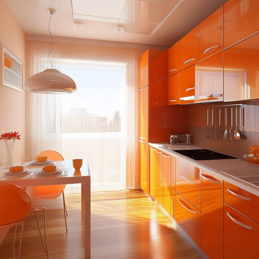 Narrow galley kitchen with glossy orange cabinets, integrated dining area, and large window.