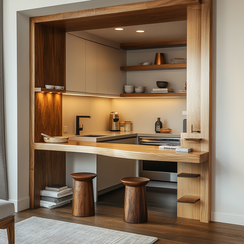 small apartment kitchen with wooden breakfast bar and modern lighting in studio apartment interior