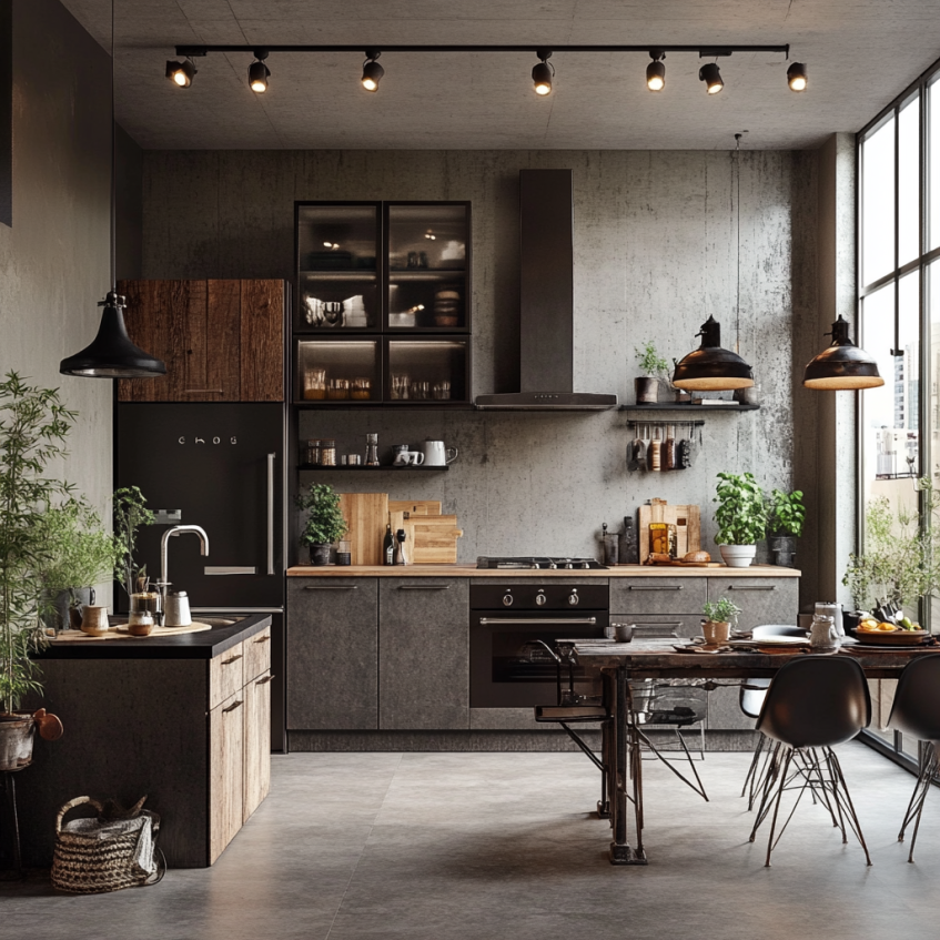 Modern industrial kitchen with natural wood accents and metal finishes.