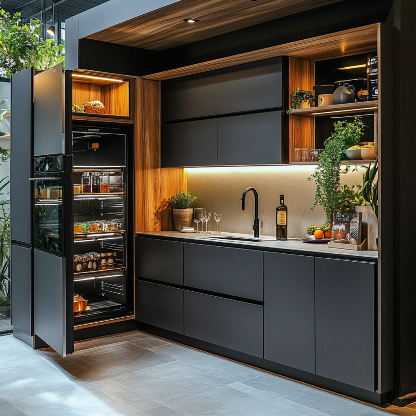 Dark-themed kitchen with black cabinets, wood accents, and an innovative design with a refrigerator and pantry. The space is illuminated with soft under-cabinet lighting.