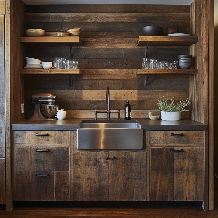 Modern kitchen with dark brown cabinets, stone wall, and warm lighting