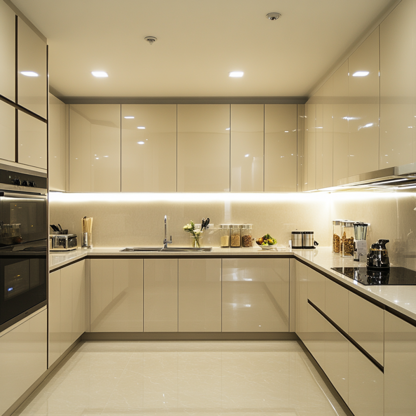 Modern kitchen with open shelving, displaying kitchenware and decorative items, complemented by wood accents for warmth.