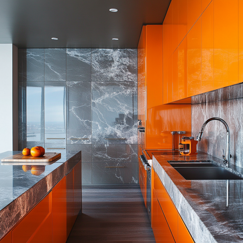 Modern kitchen with orange cabinets and gray marble waterfall countertops and backsplash.