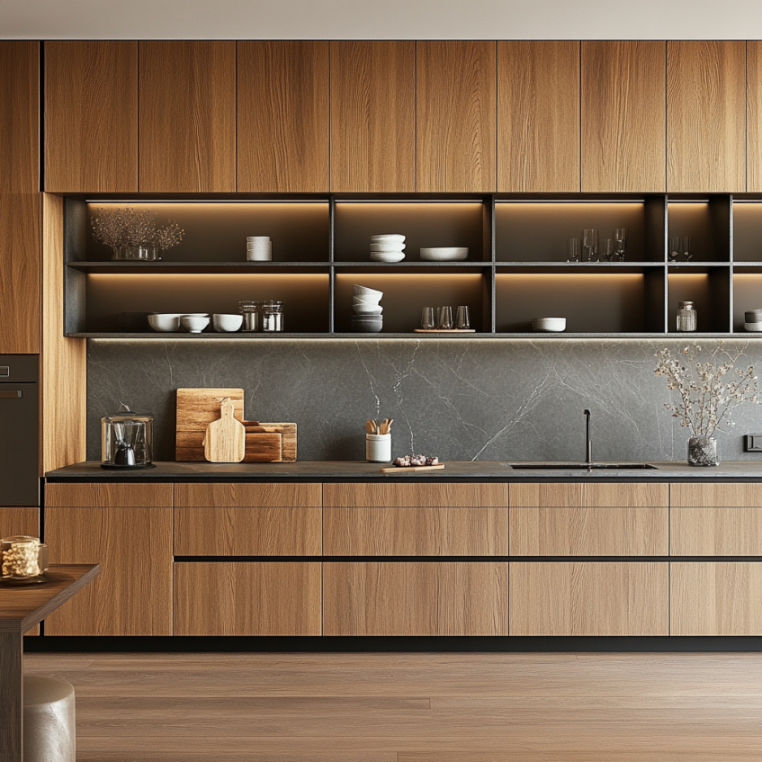 Contemporary kitchen with modern wood cabinetry and open shelving, highlighted by soft LED lighting.