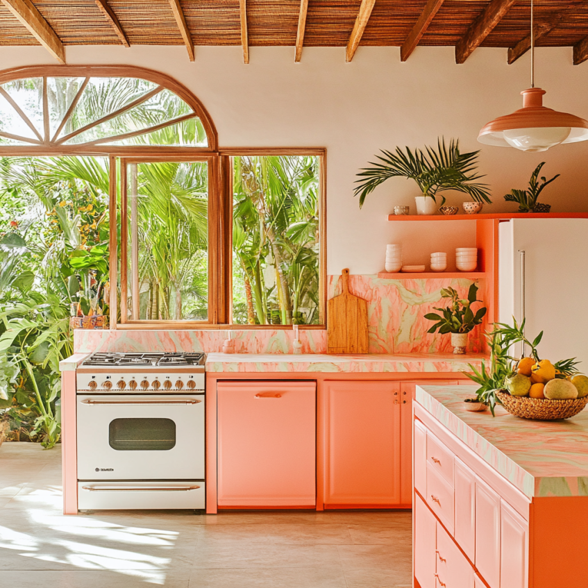 Coral pink kitchen with marble-like counters and tropical greenery