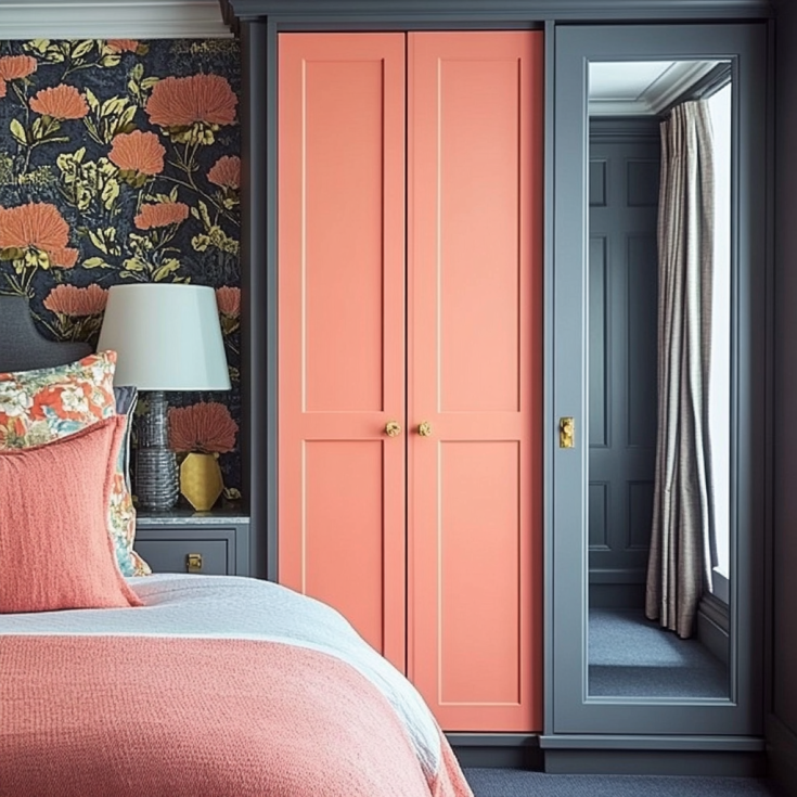 Coral wardrobe doors with gray trim and full-length mirror in a floral-themed bedroom.
