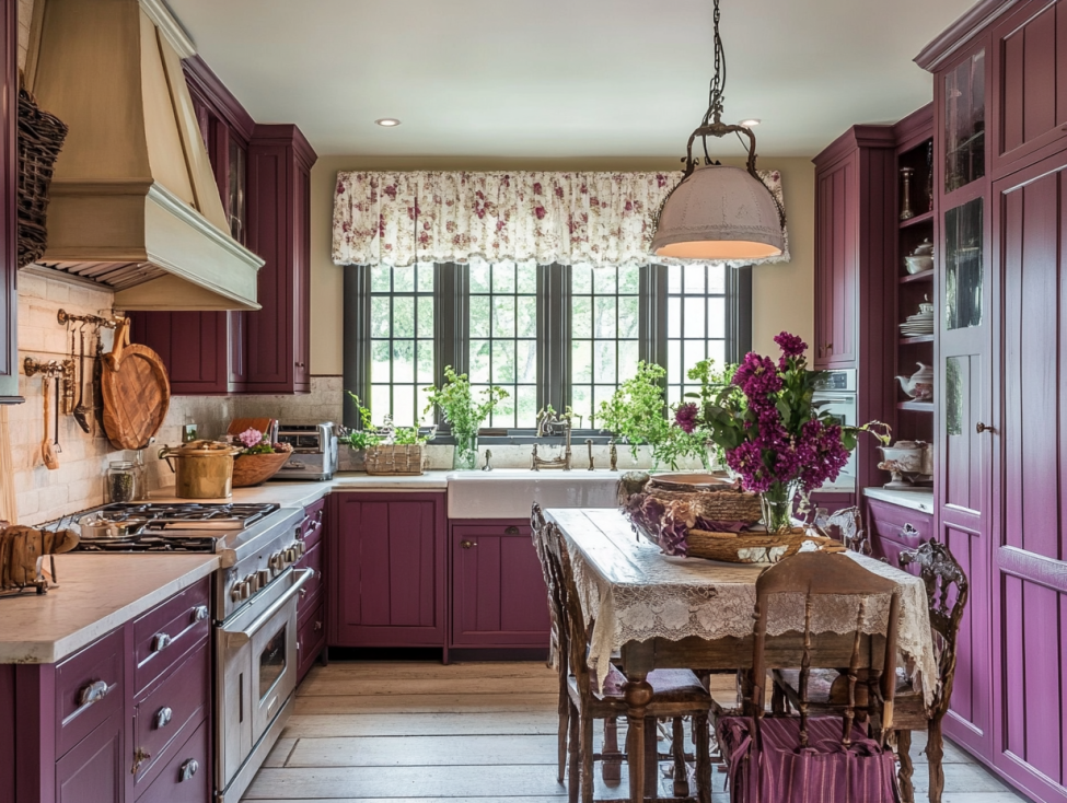 Romantic cottage kitchen with plum cabinets, cream walls, and floral curtains.