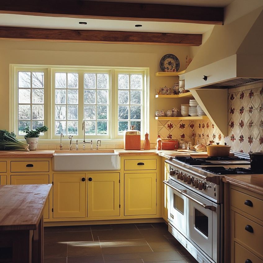 Country farmhouse kitchen with bright yellow cabinetry, creating a cozy and rustic ambiance.