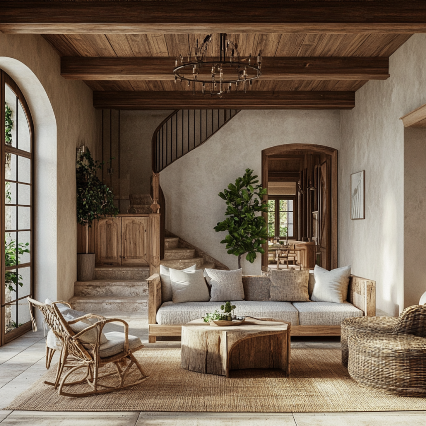 Country style villa living room featuring rustic wooden furniture, natural materials, and cozy decor, creating a warm and inviting atmosphere.