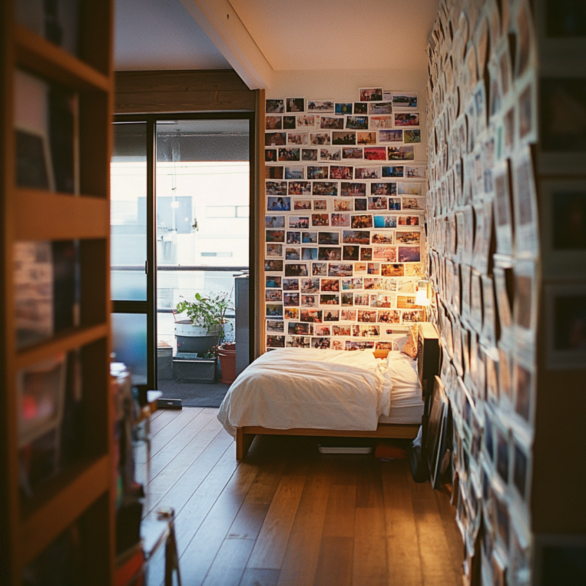 Cozy bedroom with a photo wall full of memories and a relaxed ambiance.