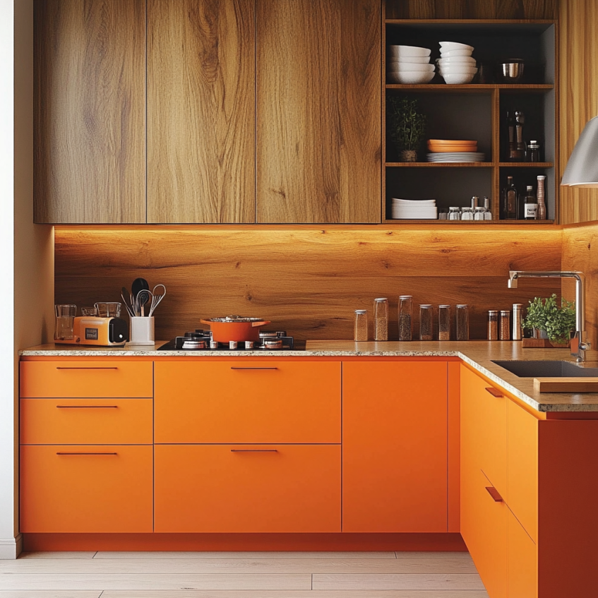 Kitchen with matte orange cabinets, natural wood upper units, and under-cabinet lighting.