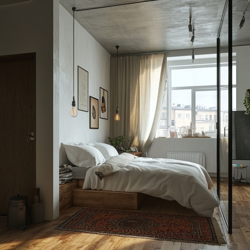 cozy platform bed in studio apartment with soft lighting wood floor and large window